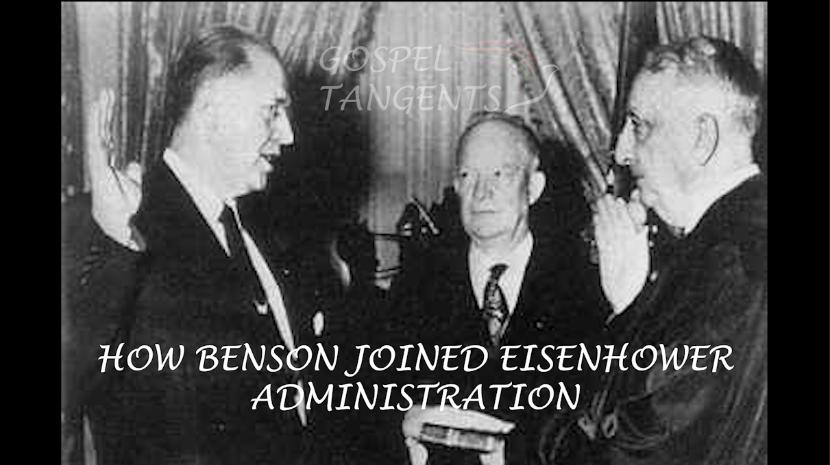 President Eisenhower looks on while Ezra Taft Benson is sworn in as Secretary of Agriculture by Supreme Court Justice Fred M. Vinson.