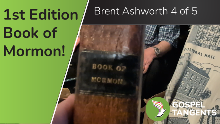 Brent Ashworth shows his 1st edition Book of Mormon and other LDS artifacts.